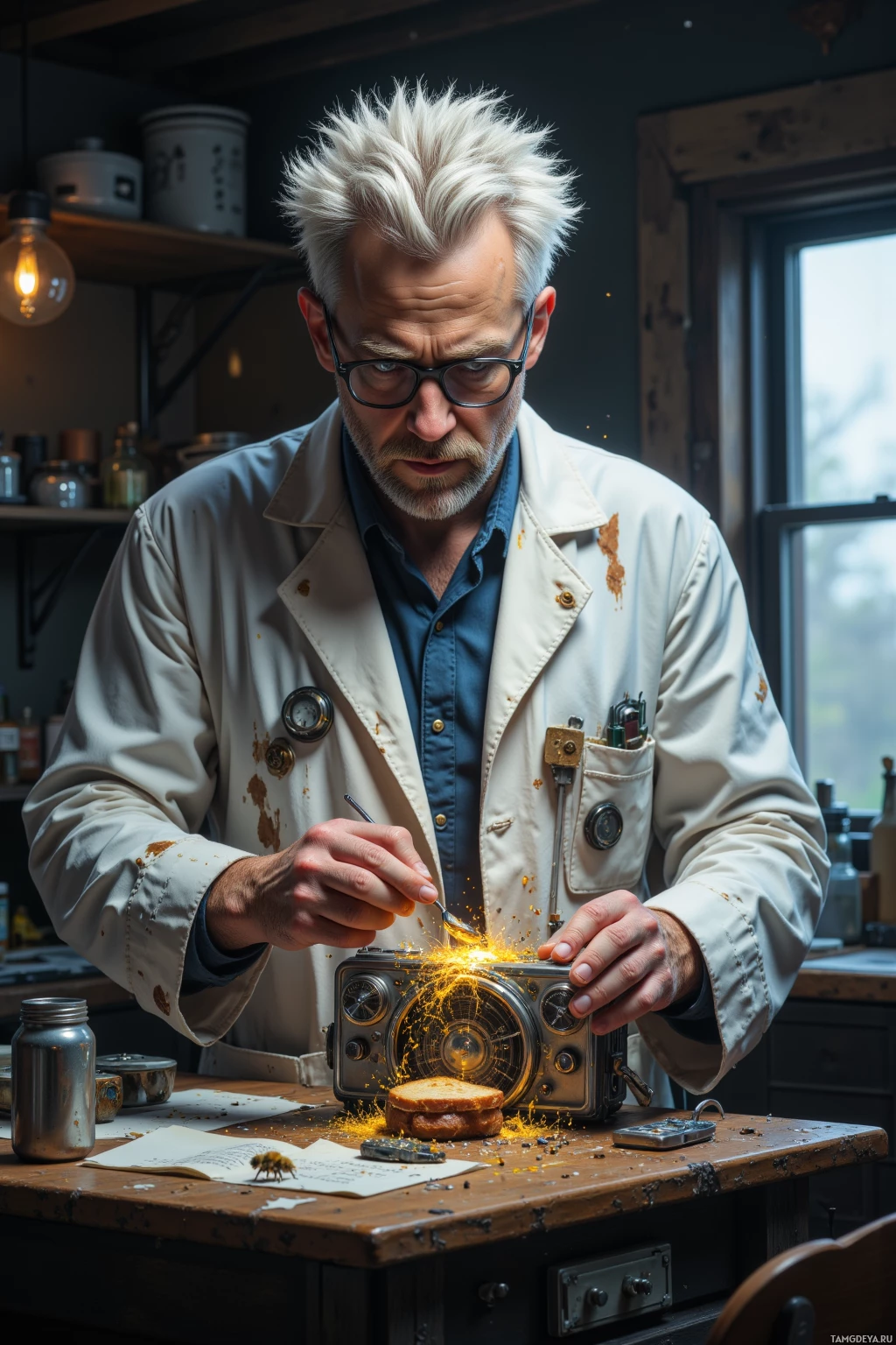 Мужчина в белом халате чинит старинное радио, от которого искрят провода.