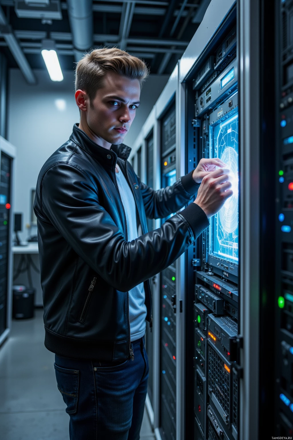 Человек в кожаной куртке общается с сервером в дата-центре.