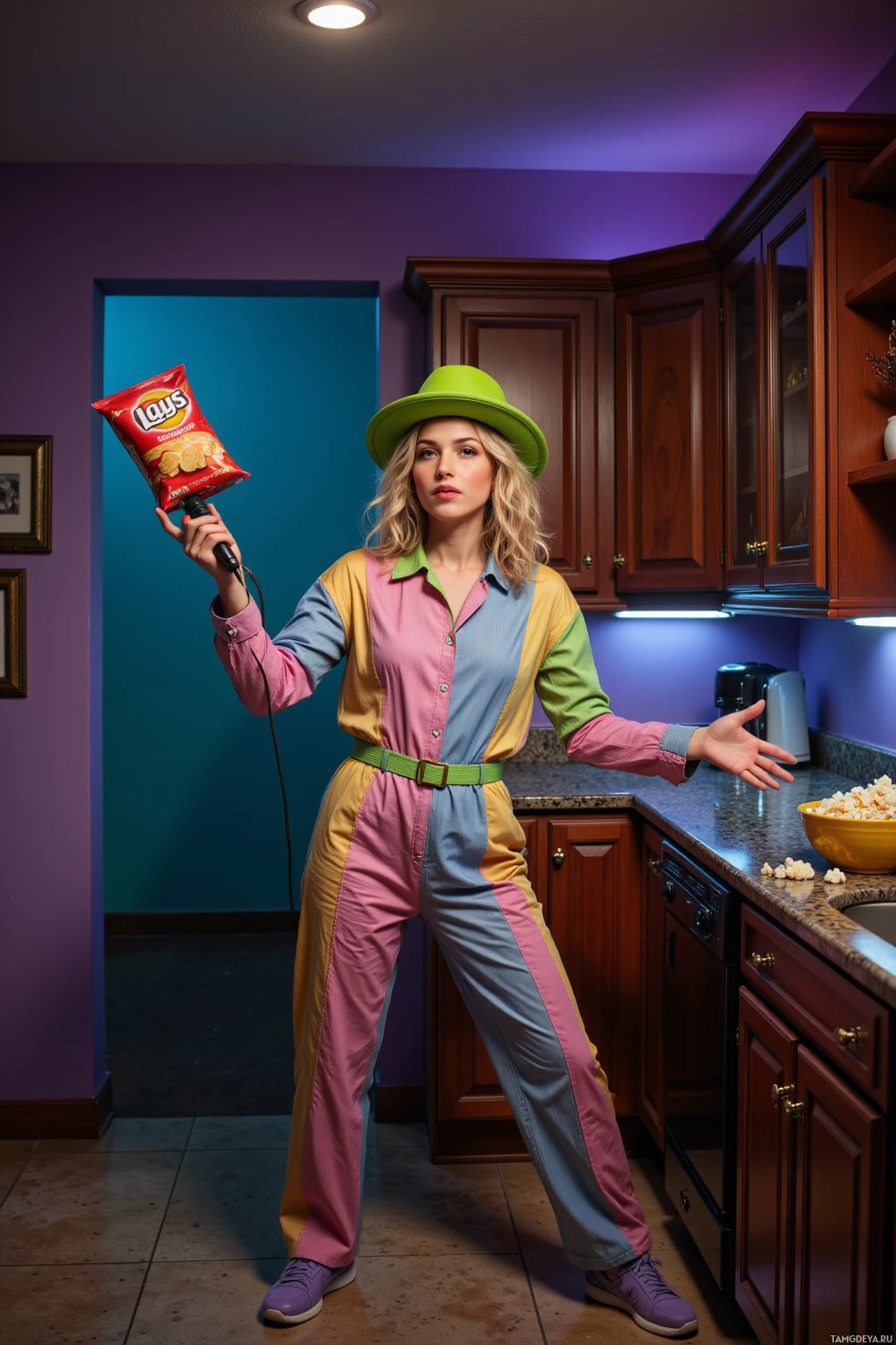 Человек в яркой одежде стоит на кухне с пачкой чипсов Lay's.