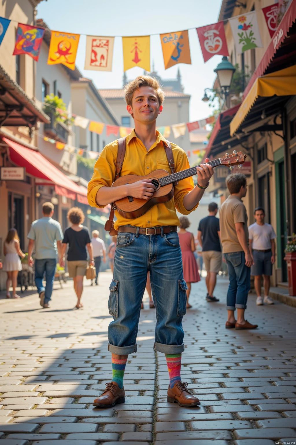 Человек в жёлтой рубашке и джинсах стоит на булыжной улице, держа в руках укулеле.