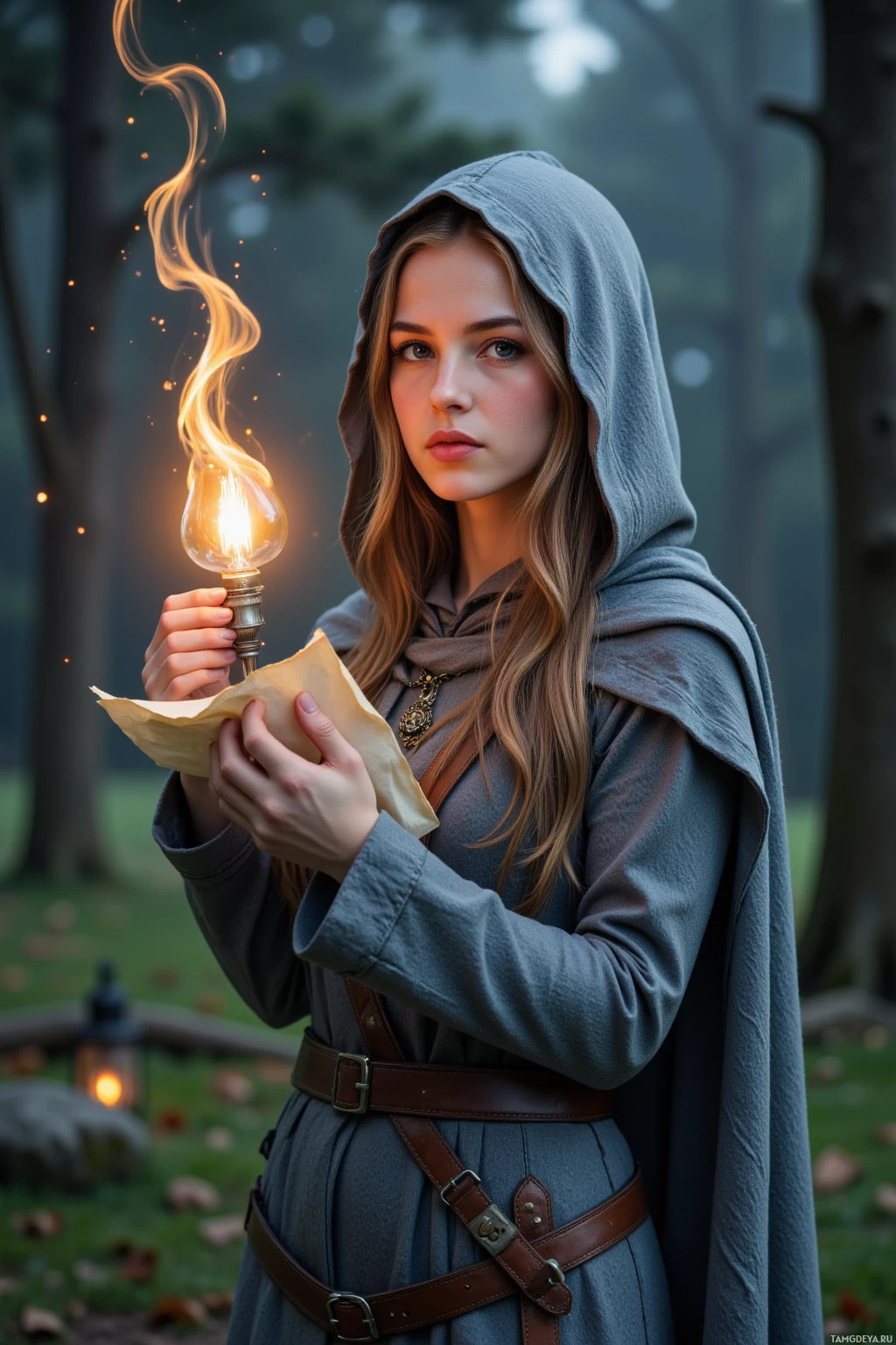 В лесу человек в капюшоне держит светящийся фонарь.