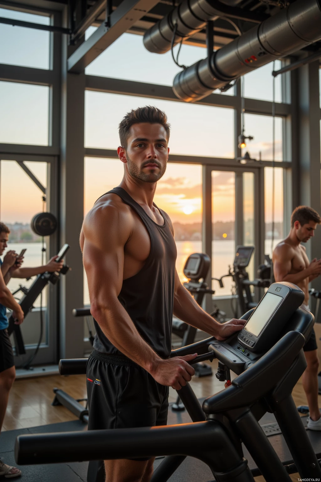 Мускулистый мужчина в спортзале бежит на беговой дорожке, за окном живописный закат.
