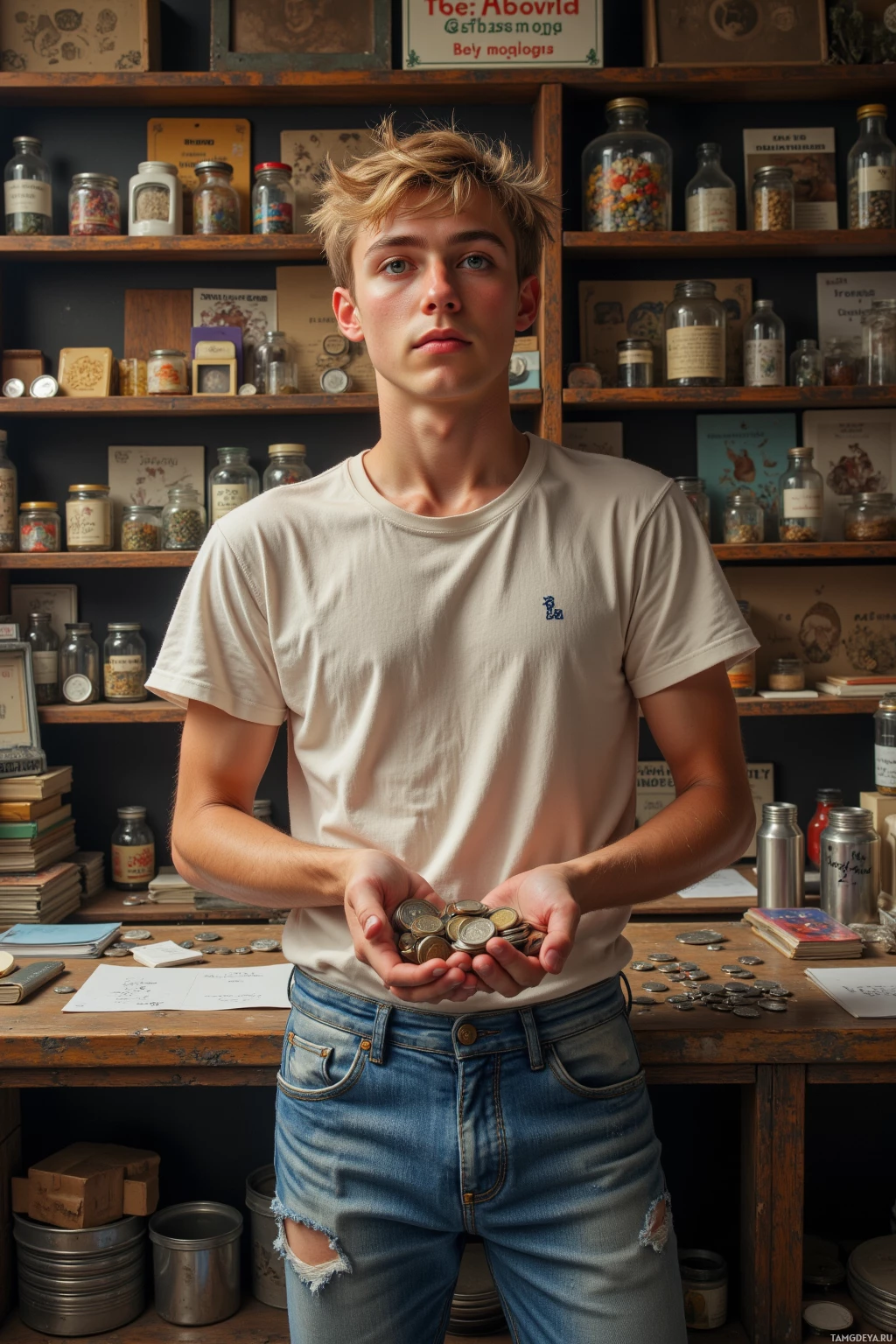 Молодой человек стоит перед полками, уставленными банками и книгами, держа в руке горсть монет.