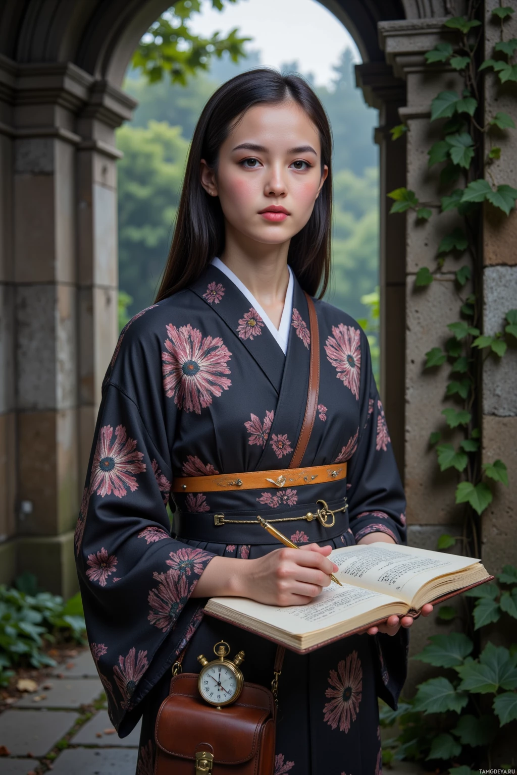 В цветастом кимоно стоит человек с открытой книгой и карманными часами на фоне арочного каменного строения, увитого зеленью.