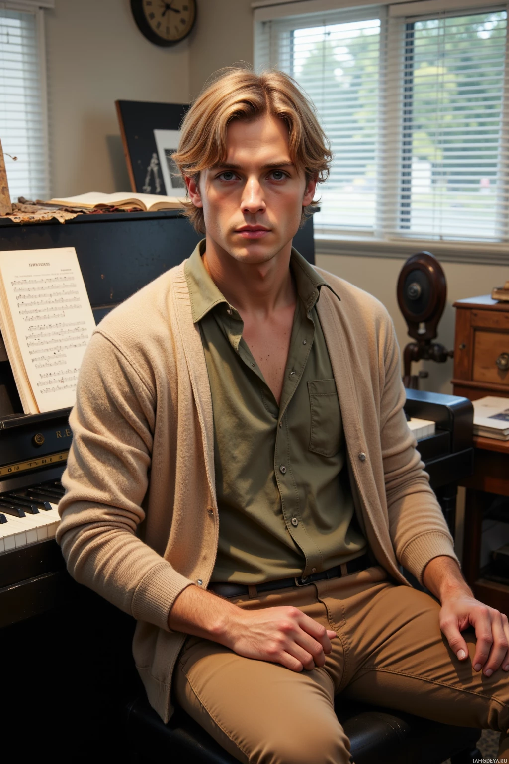Человек сидит в кресле в комнате с пианино, одетый в бежевый кардиган и оливково-зеленую рубашку.