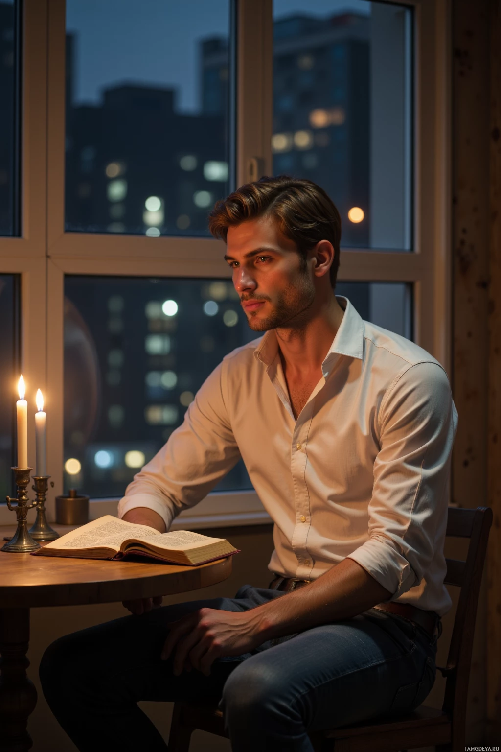 Мужчина сидит за столом у окна и читает книгу при свечах.