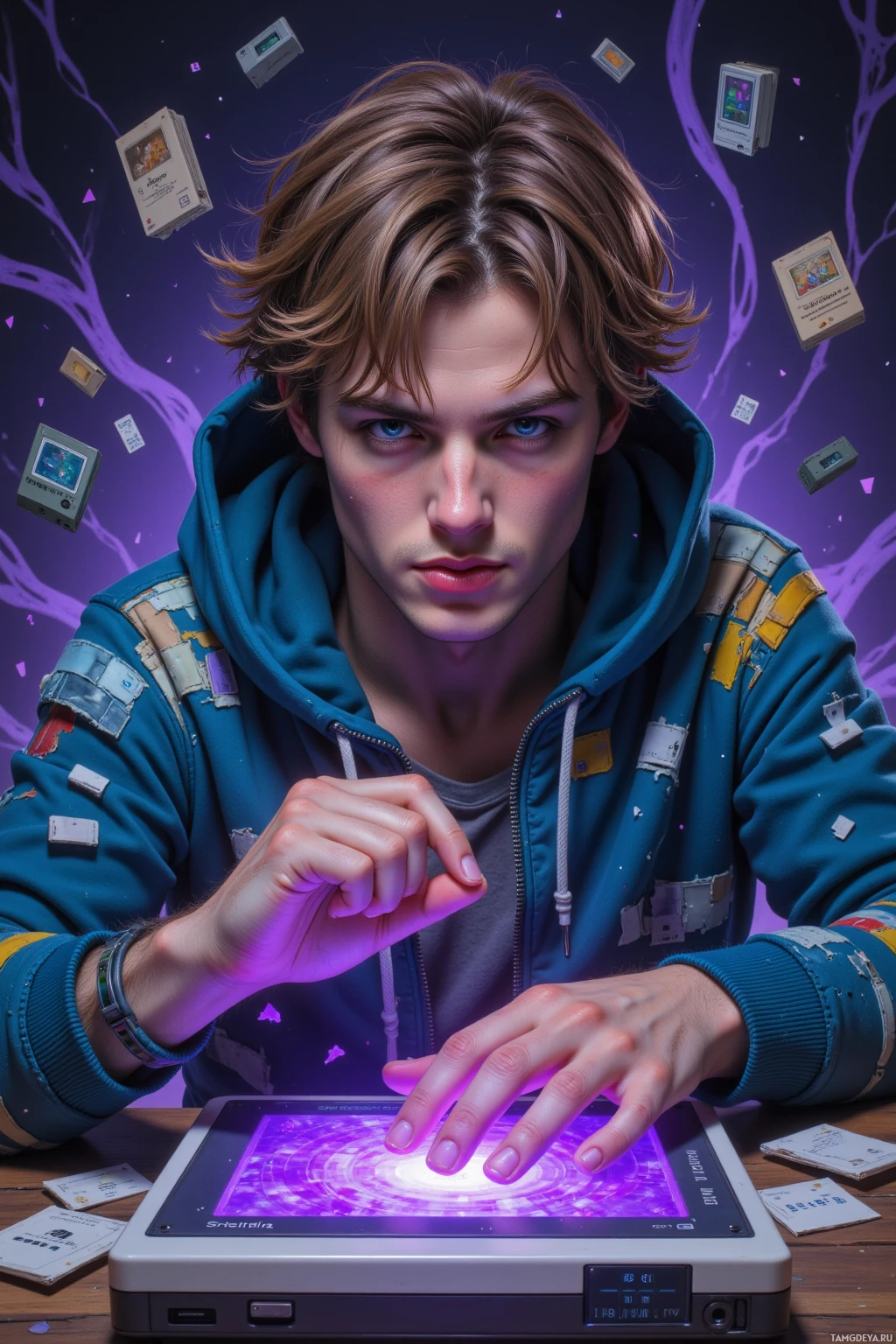 Человек в синей толстовке взаимодействует со светящимся, стилизованным под старину устройством, стоящим на столе.