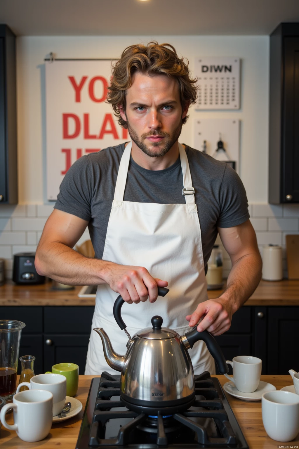 Мужчина в фартуке стоит на кухне, держа над плитой чайник.