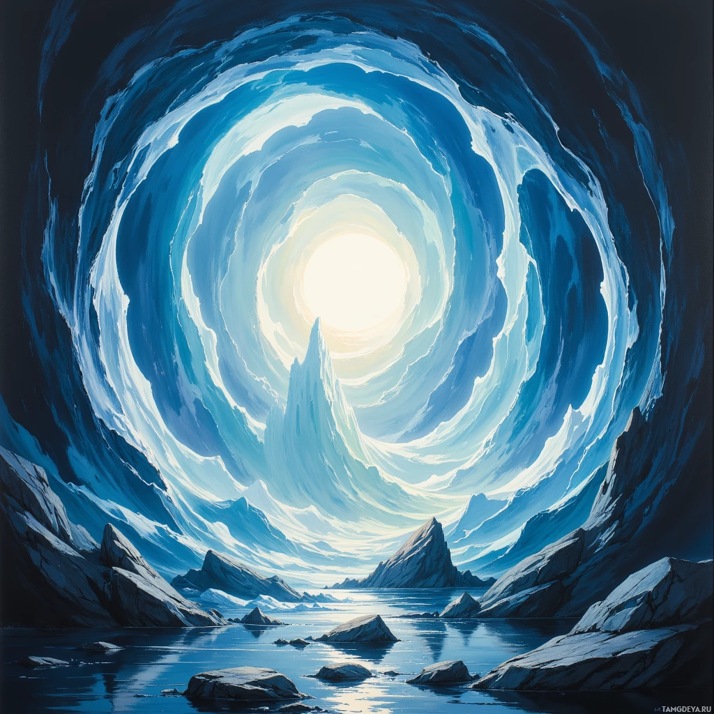 Вихревой, неземной туннель из света и тени ведет к яркому, сияющему центру.