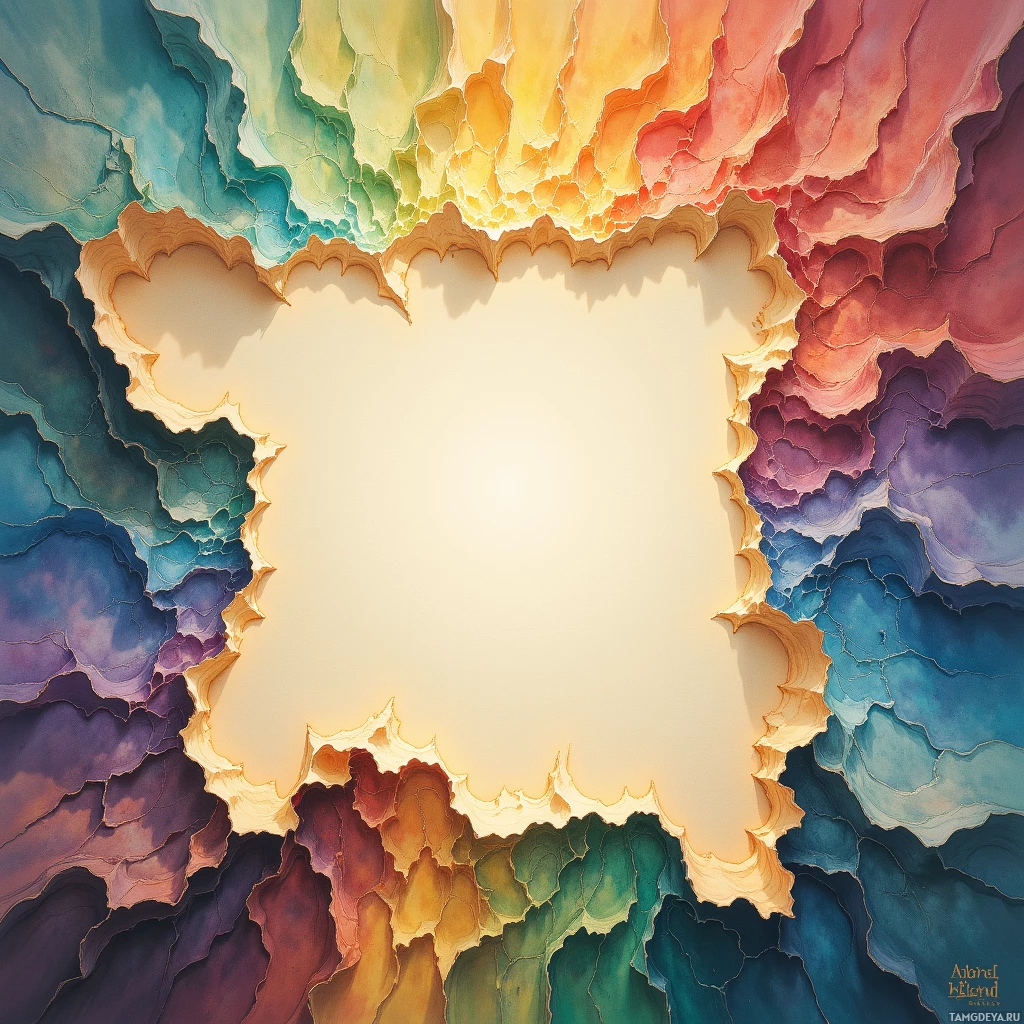 Яркая абстрактная картина, где градиент цветов расходится лучами от центральной светлой области.