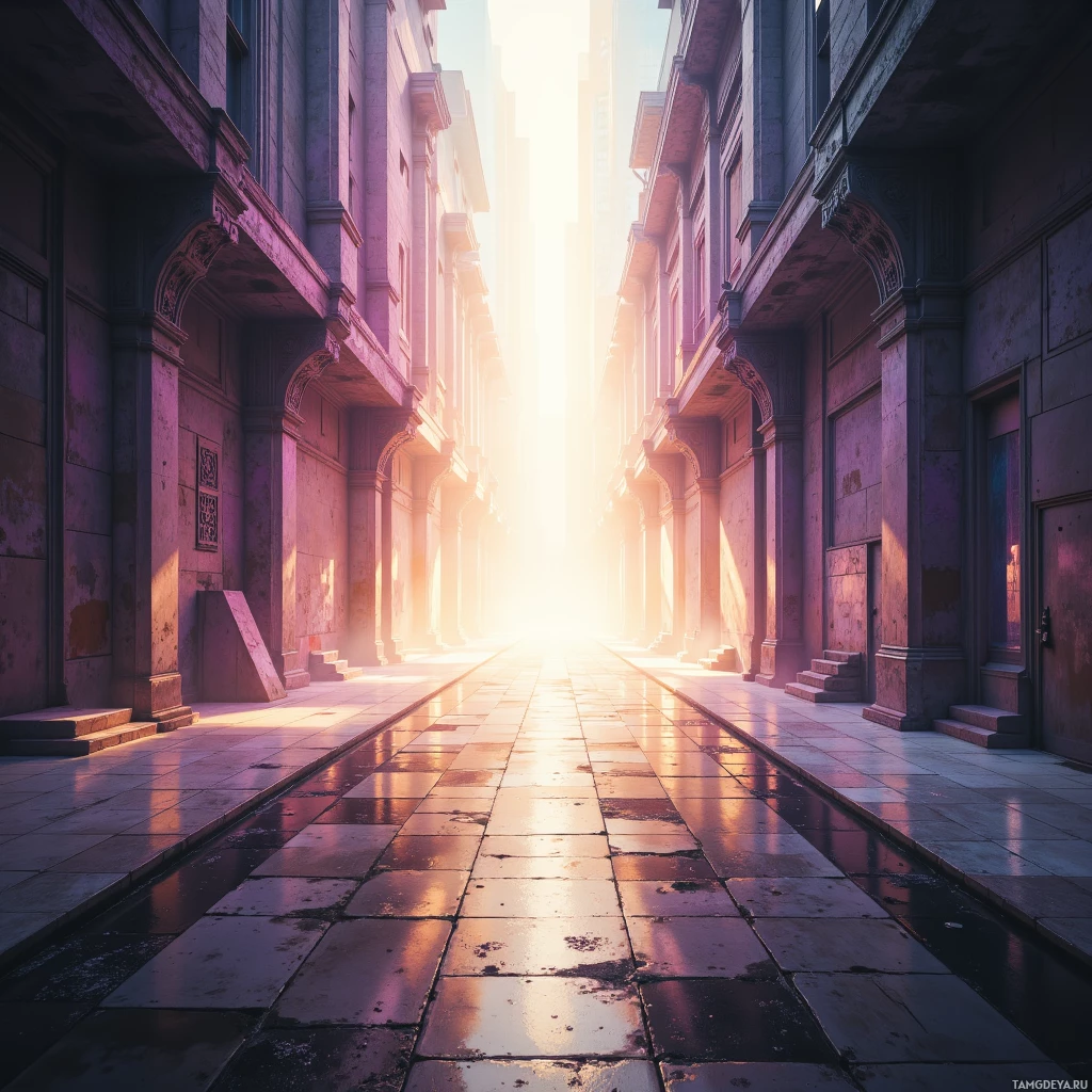 Солнечный переулок, обрамленный высокими, декоративными зданиями.