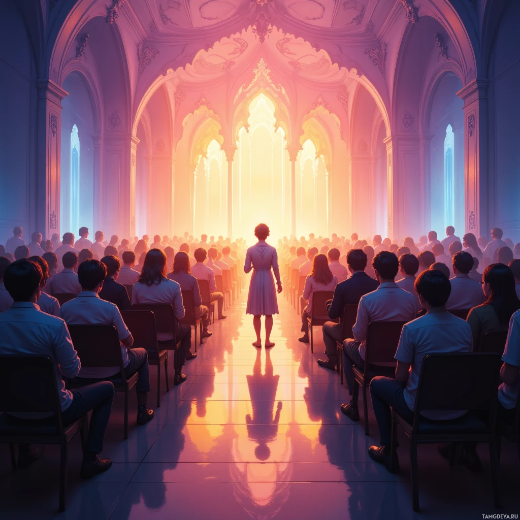 Группа людей сидит в великолепном, богато украшенном зале, где впереди стоит фигура, освещенная ярким светом.