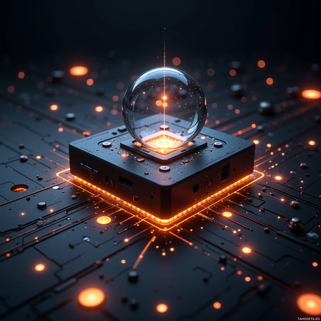 Футуристическая печатная плата со светящимися оранжевыми огнями и прозрачной сферой наверху.