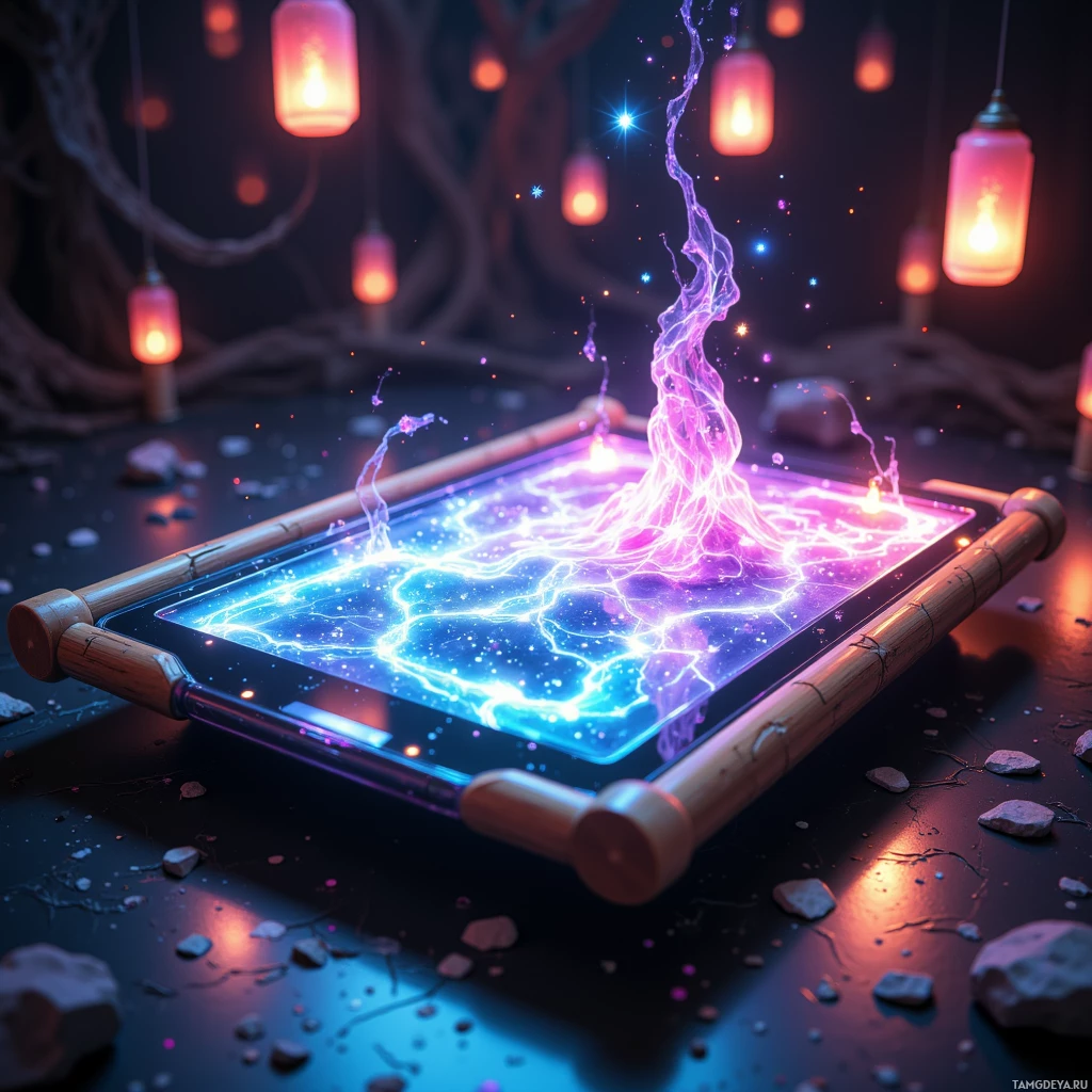 Из прямоугольного объекта исходит яркая, словно электрическая энергия, в окружении фонарей и в таинственной, мрачной атмосфере.