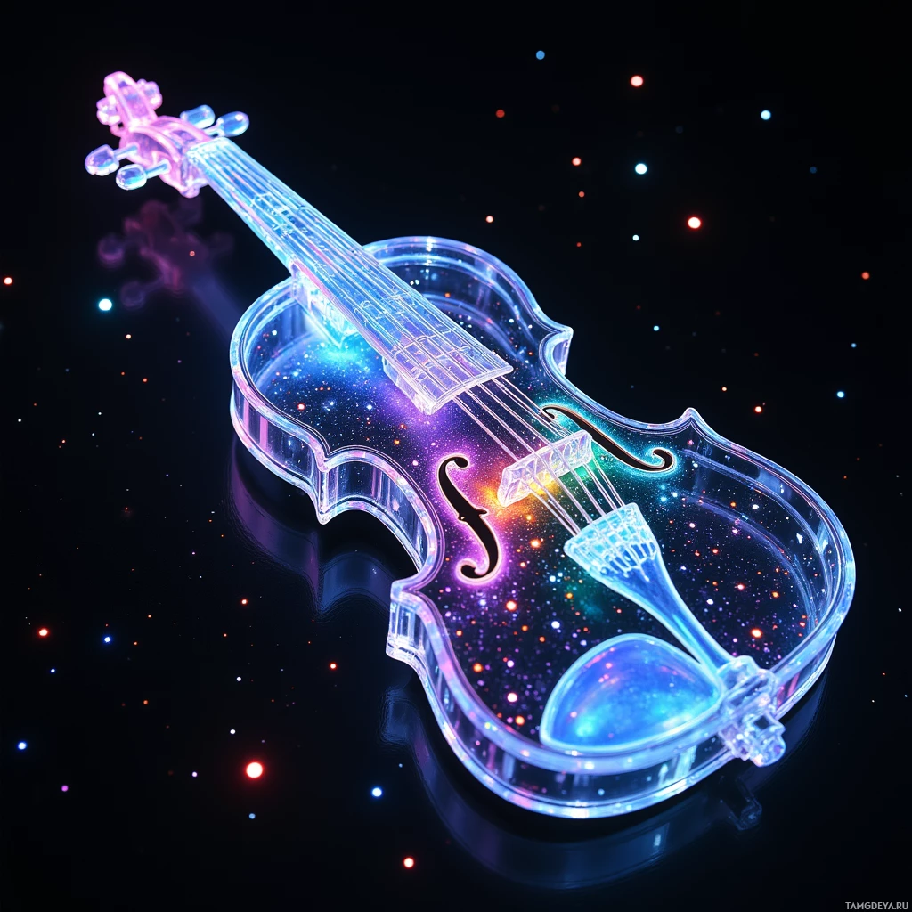 Светящаяся скрипка на фоне космического пейзажа.