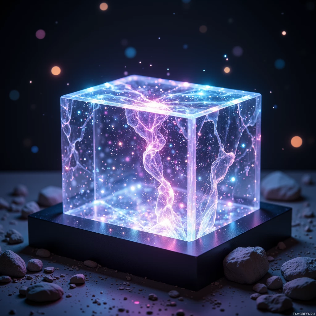 Светящийся, прозрачный куб излучает яркий, космический свет, покоясь на тёмной поверхности, усыпанной камнями.