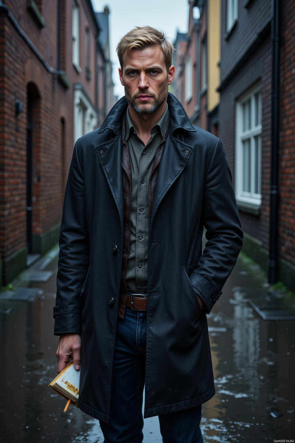 Мужчина стоит в дождливом переулке, одетый в темное пальто и держа в руках книгу.