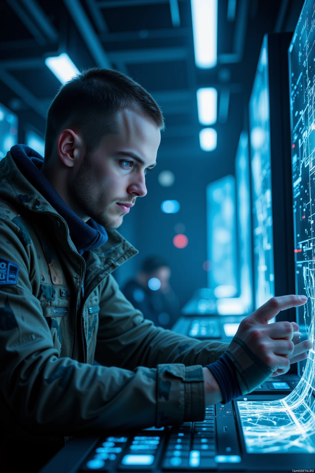 В полумраке комнаты человек в куртке милитари работает за компьютером.