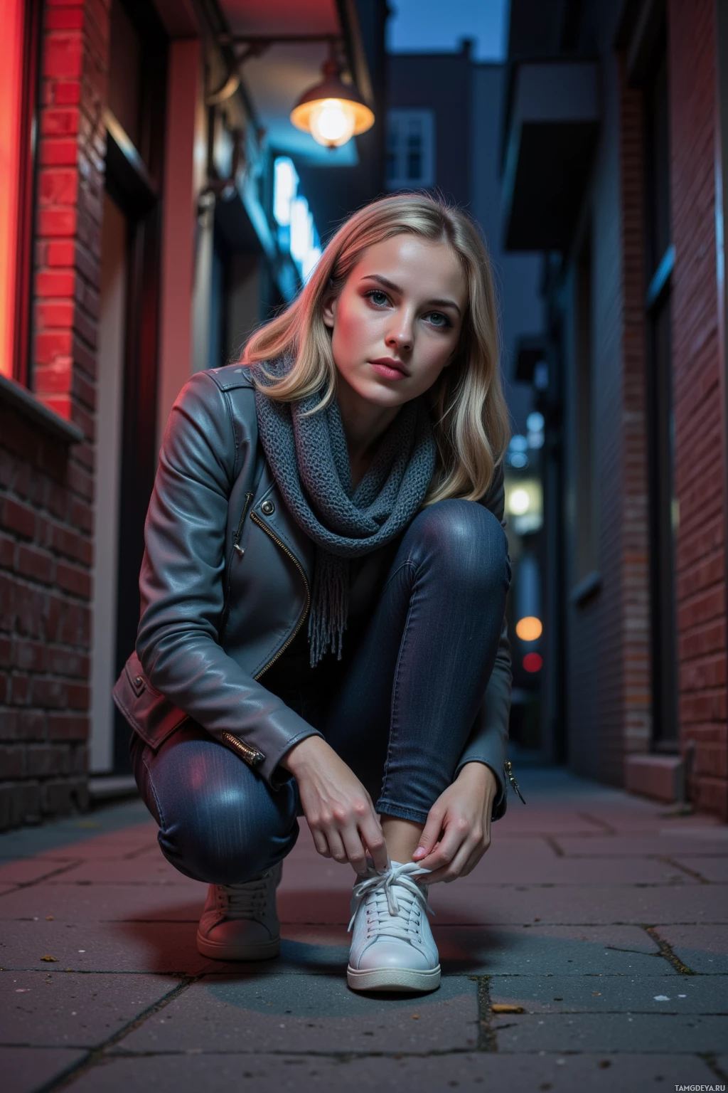 Человек присел на тротуаре, завязывая шнурки, в переулке между кирпичными домами, освещенном фонарями.