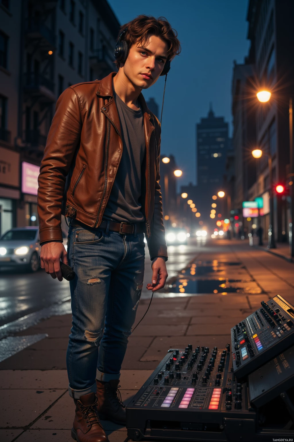 На городской улице, на фоне заката, стоит человек в коричневой кожаной куртке и джинсах, держа в руках наушники и стоящий рядом с крупным электронным устройством.