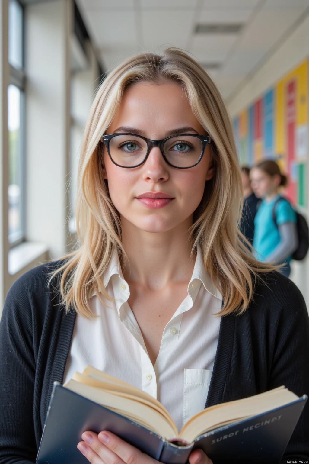 Молодая женщина в очках держит открытую книгу в коридоре.