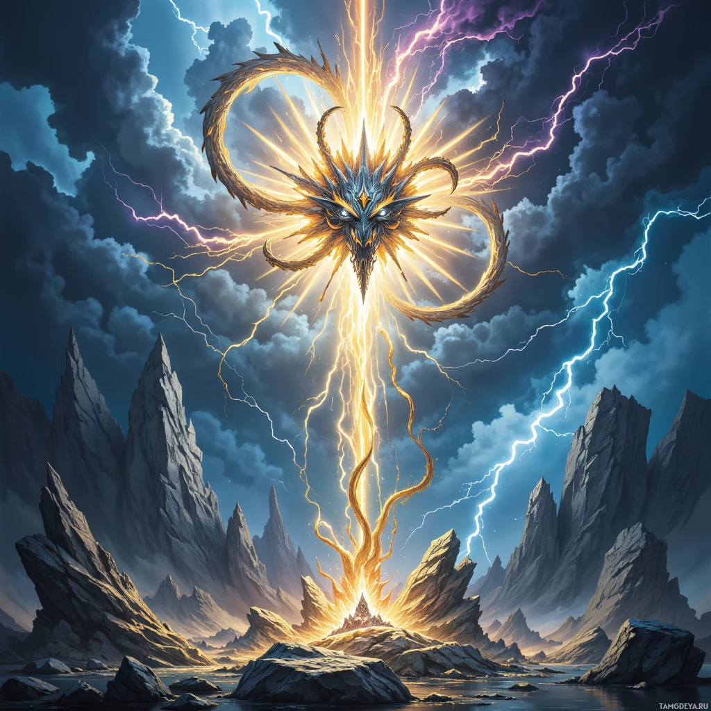 Фантастическое существо со светящимися глазами и щупальцевидными отростками поднимается из каменистого ландшафта на фоне бушующего неба.