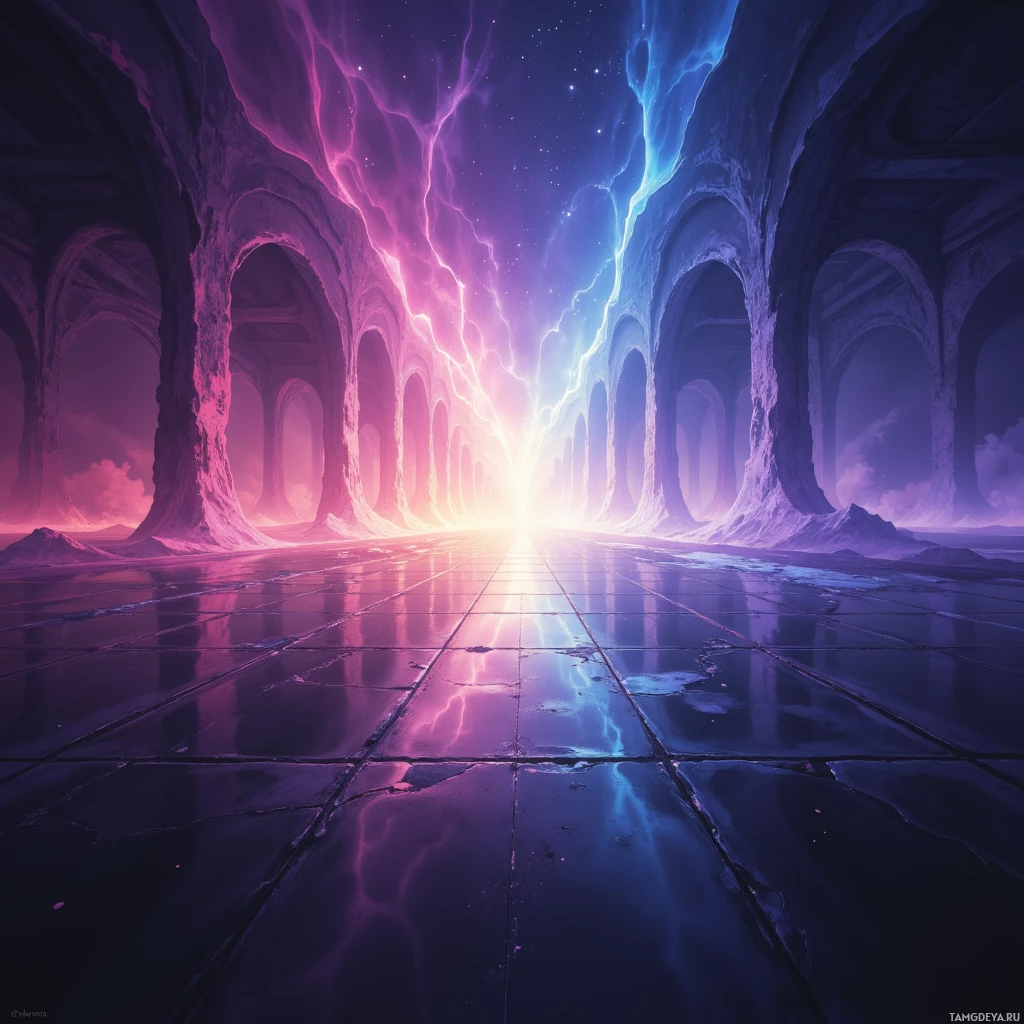 Фантастичный, неземной интерьер с излучающимися арками и ярким светом в конце.
