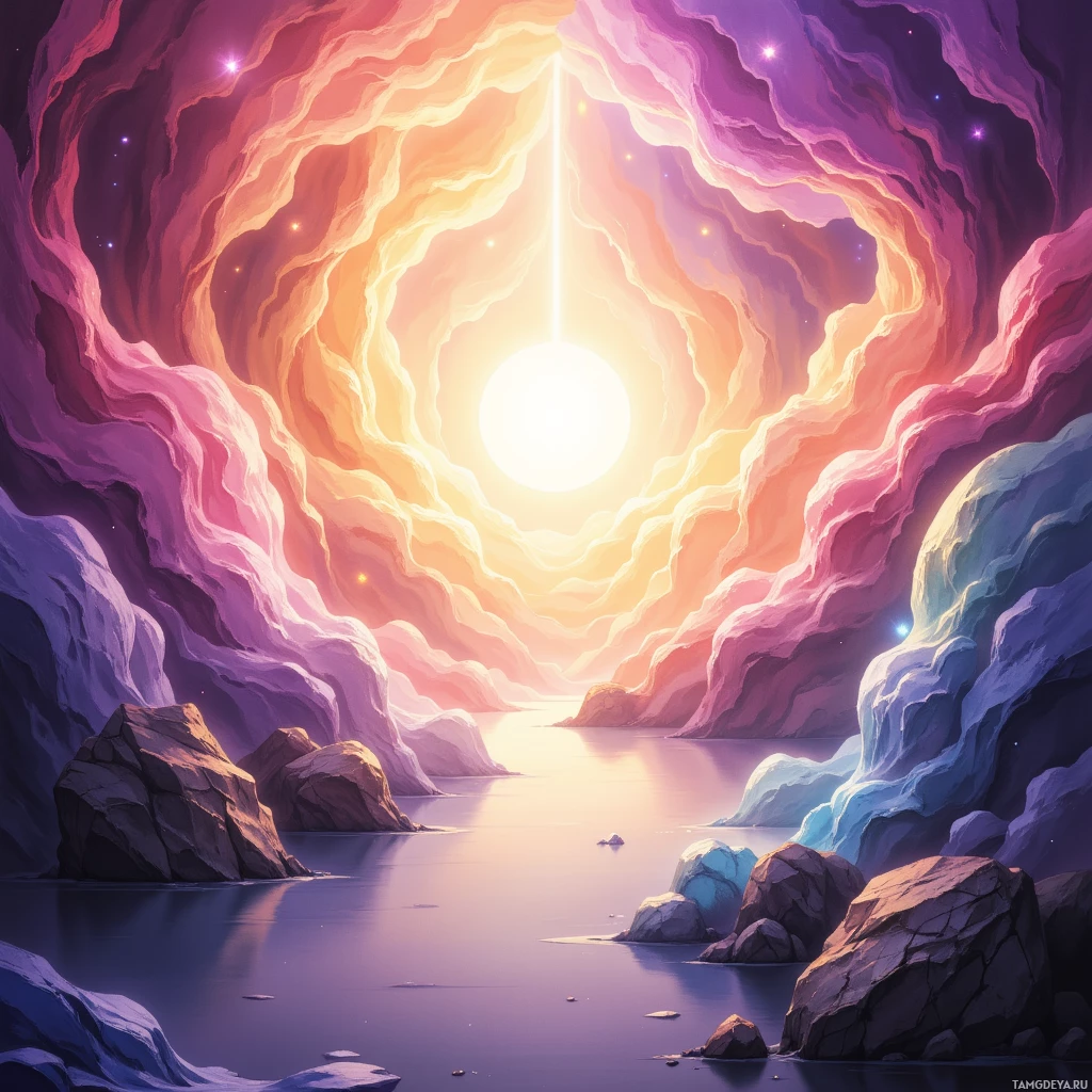 Яркая, неземная сцена с сияющим небесным телом в центре, окруженным вихрями красочных облаков и скалистыми образованиями.