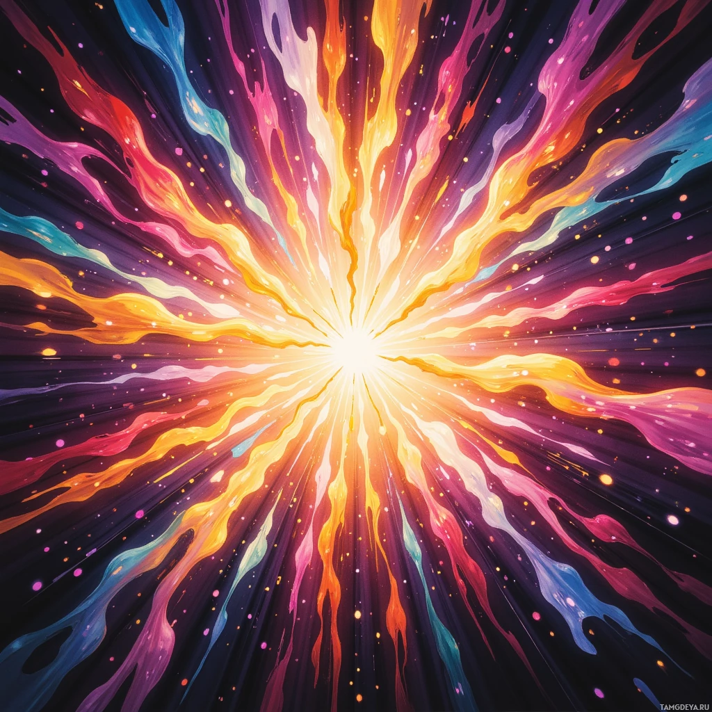 Яркий взрыв красок разлетается во все стороны от светлого центра на тёмном фоне.