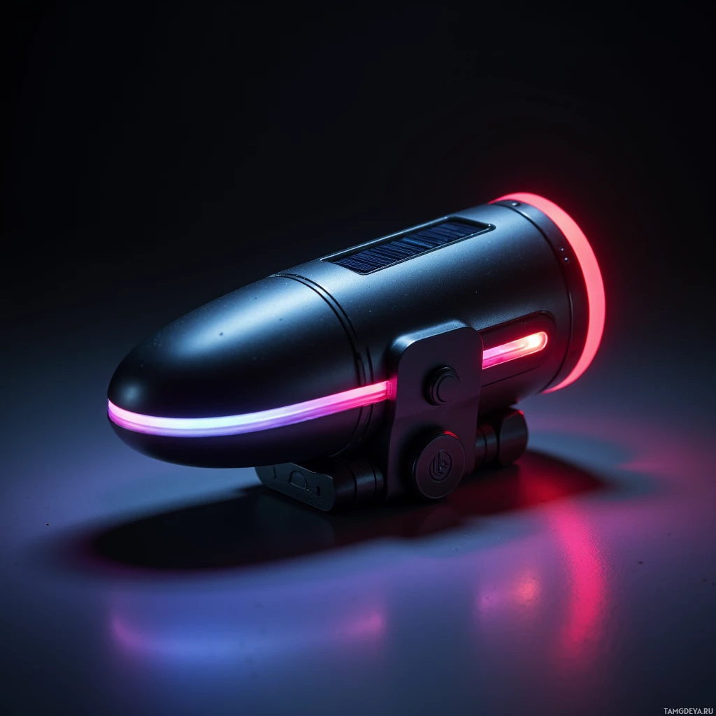 Футуристическое устройство с элегантным черным дизайном и светящимися красными и синими огнями.