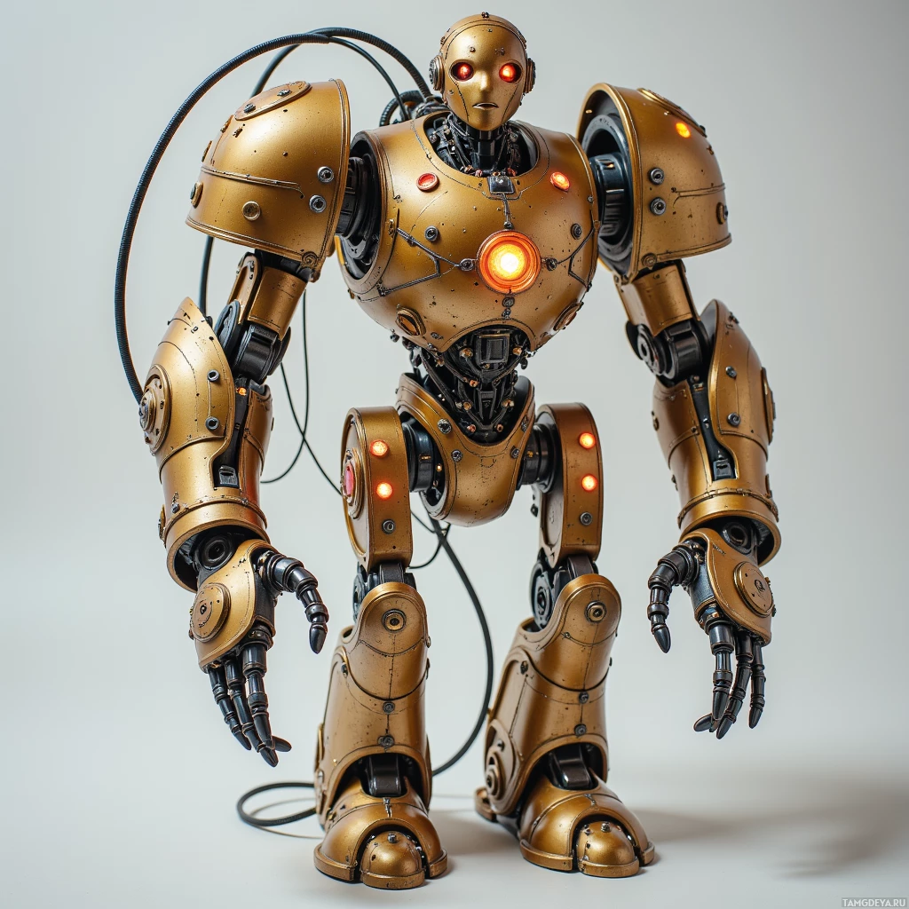 Золотой механический робот с горящими красными глазами и сложной механикой выделяется на однотонном фоне.