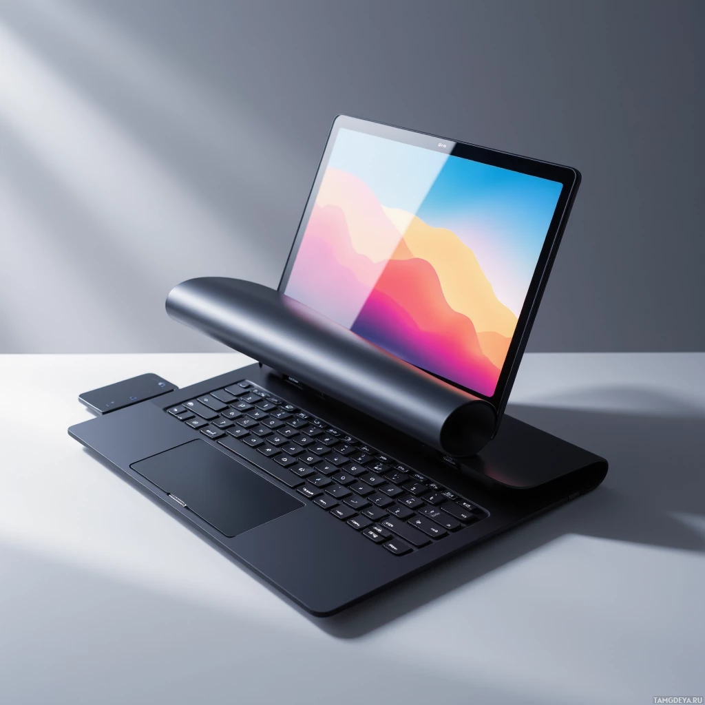 На минималистичном фоне представлен изящный, современный ноутбук с изогнутой клавиатурой и ярким экраном.