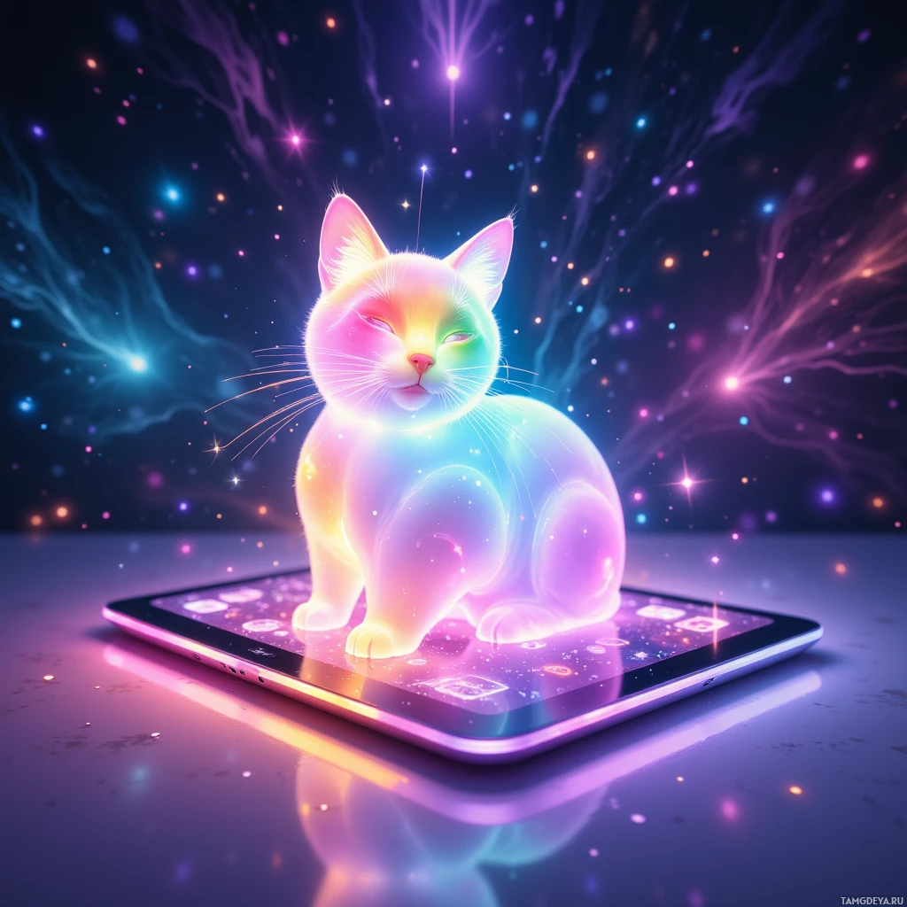 Сияющий, красочный котик расположился на экране смартфона на фоне космического пейзажа.