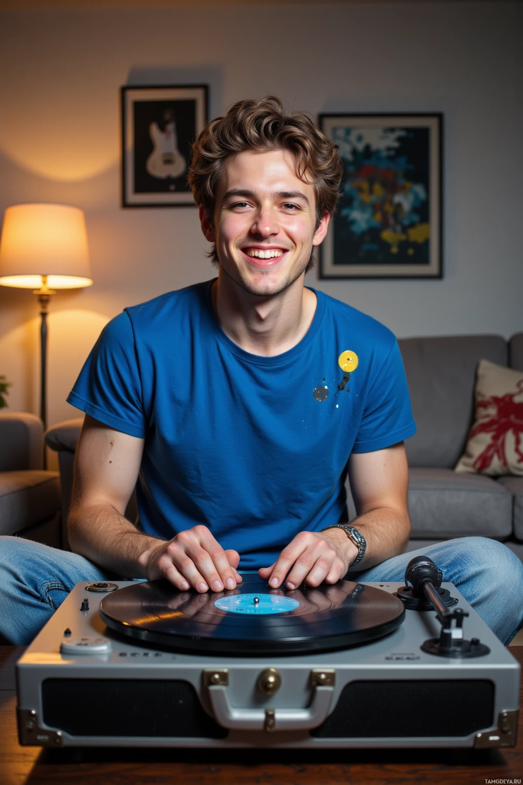 Человек в синей рубашке сидит рядом с виниловой пластинкой на проигрывателе в уютной комнате.