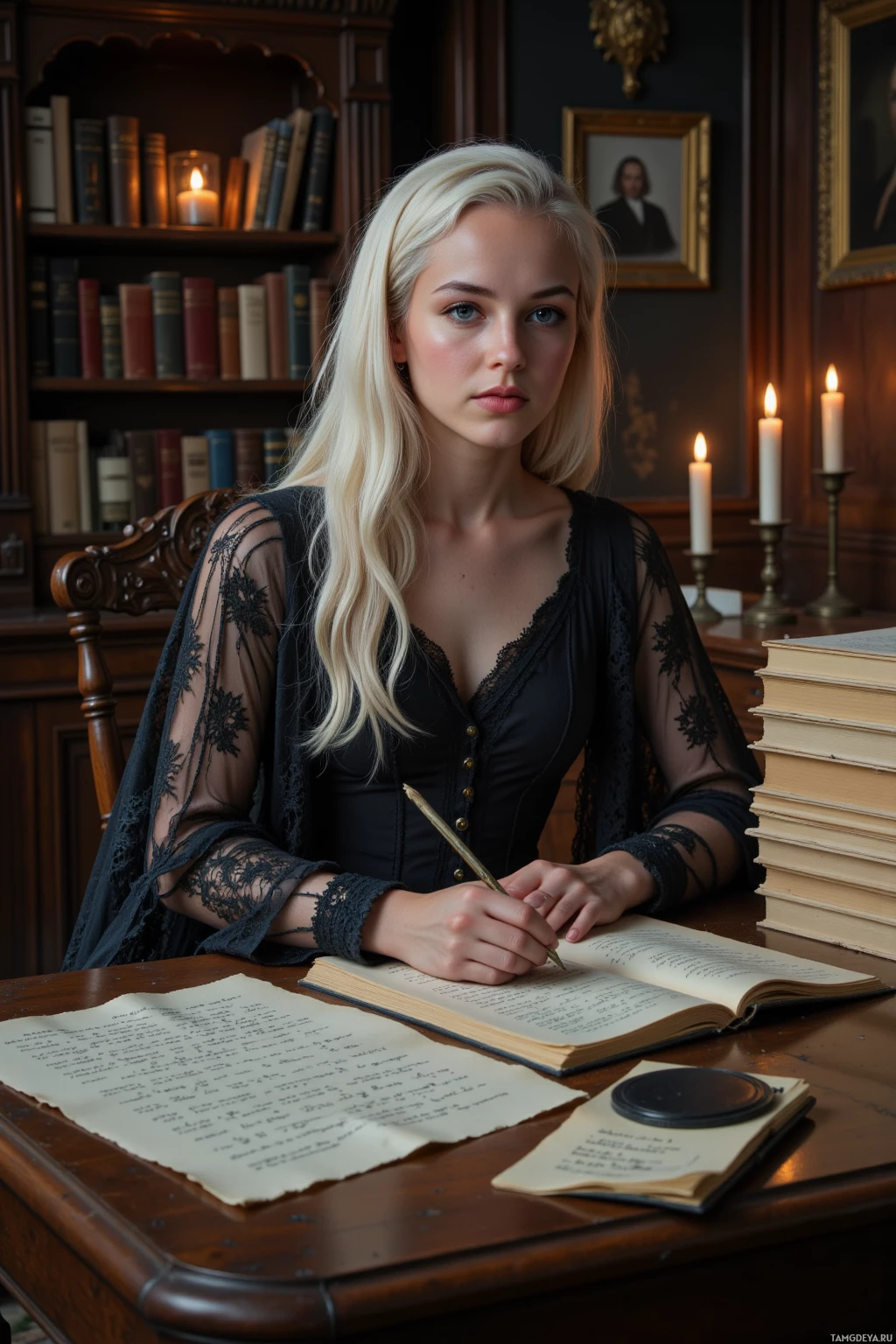 В полумраке комнаты женщина сидит за столом и пишет пером в книге.