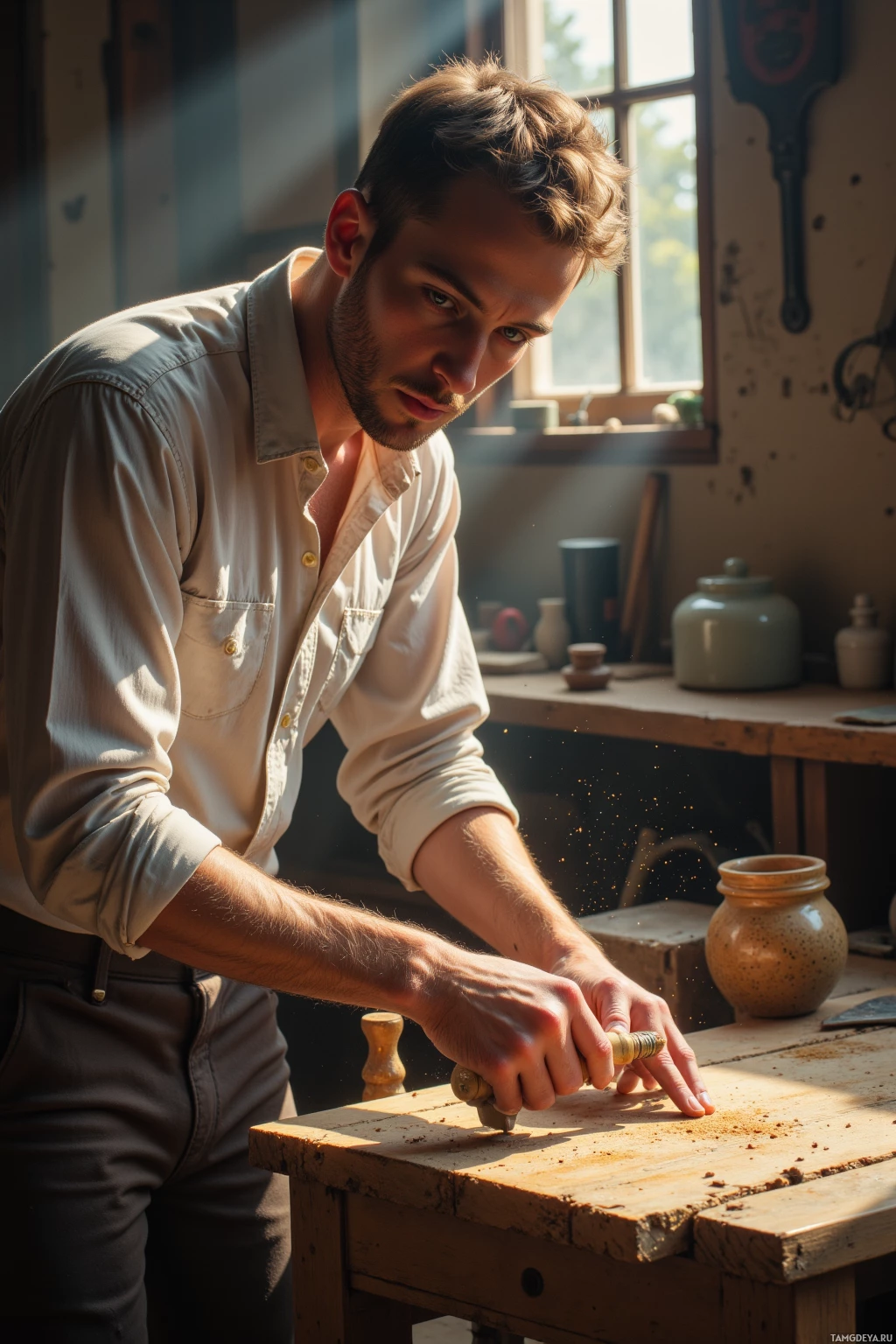 Мужчина работает с куском дерева в мастерской.