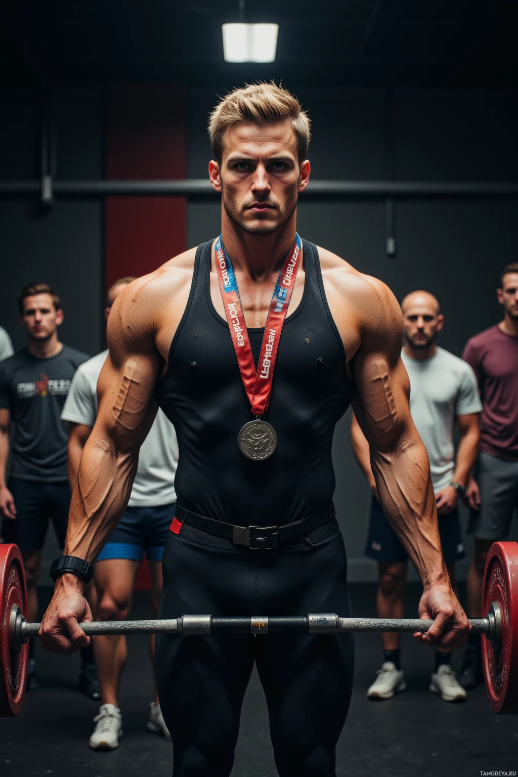 Мускулистый мужчина в спортзале держит штангу, на заднем плане видны другие люди.