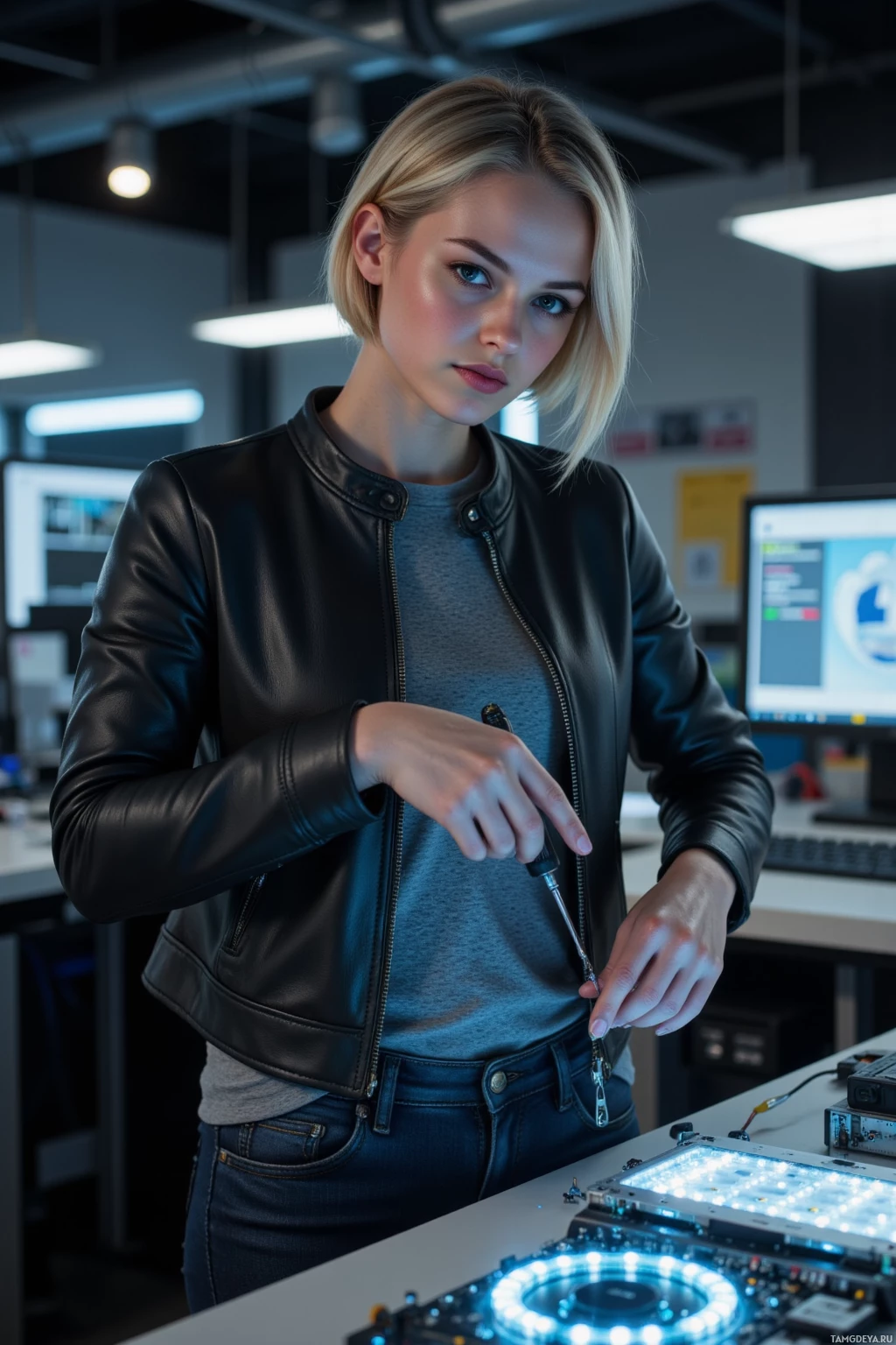 Человек в кожаной куртке работает над устройством с помощью отвертки в современном рабочем пространстве.