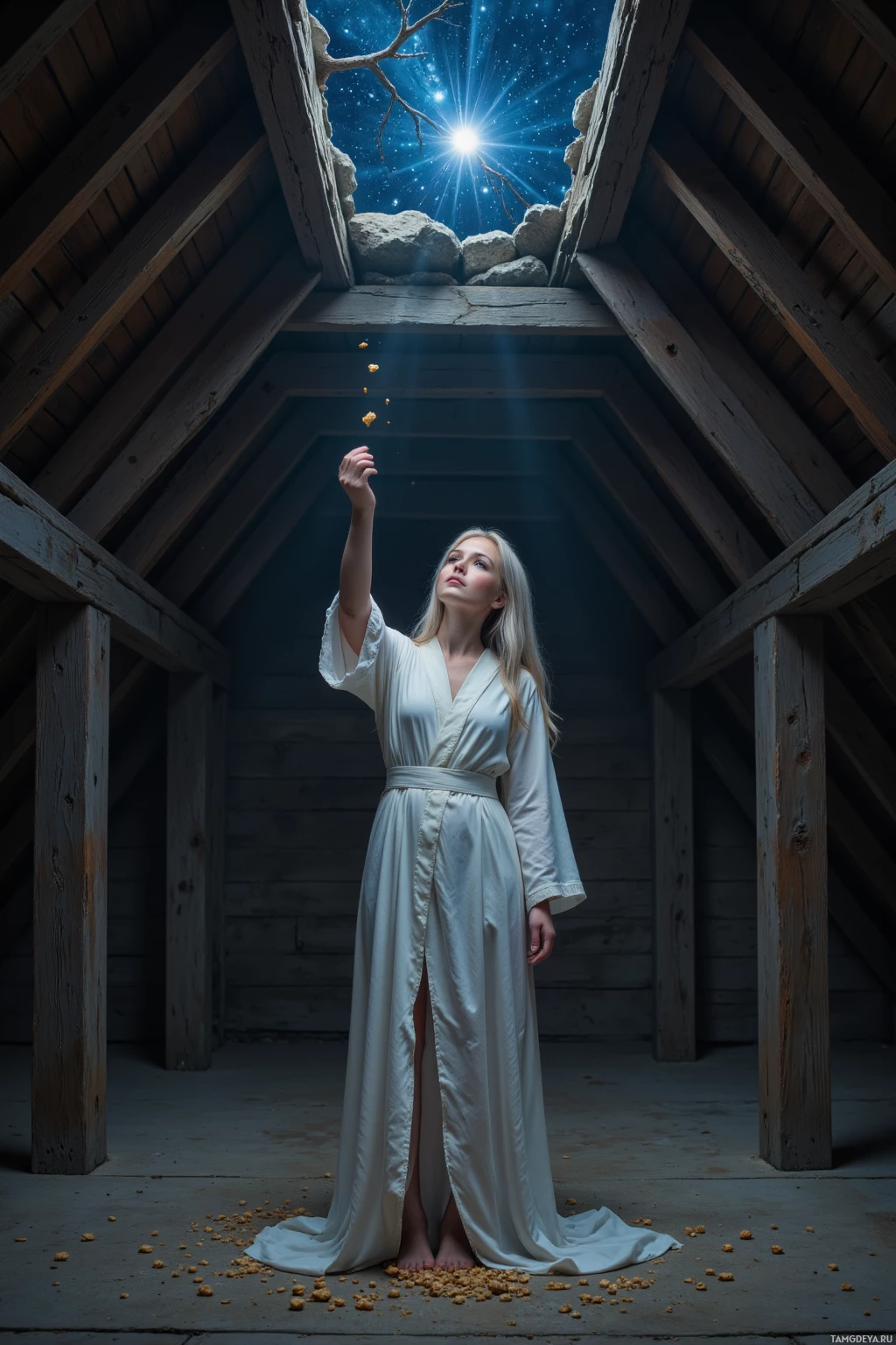 В полумраке чердака стоит женщина в белом одеянии, тянущаяся к яркому лучу света, пробивающемуся сквозь отверстие в потолке.