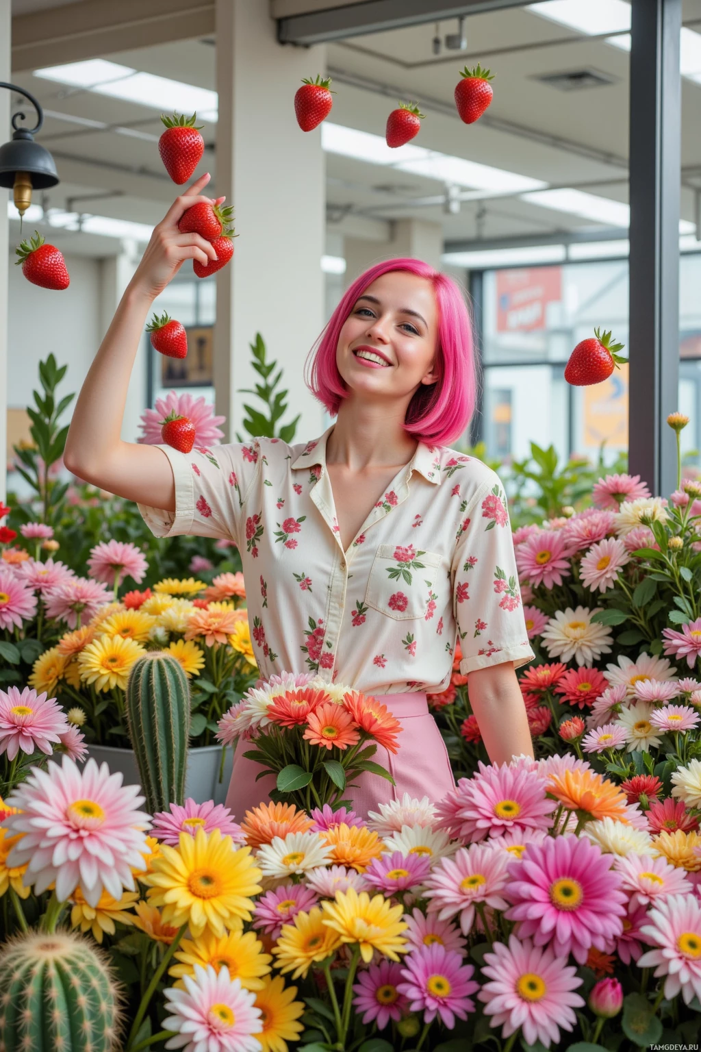 На фотографии девушка с розовыми волосами стоит среди ярких цветов и клубники.