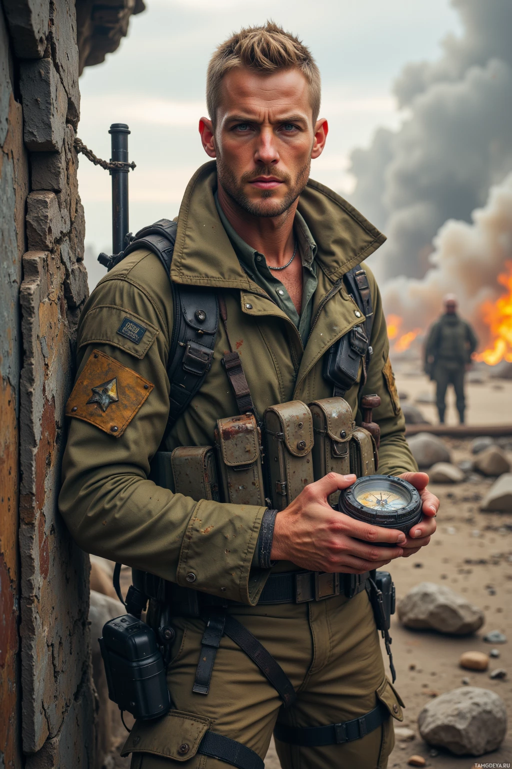 A soldier in military attire holds a compass, standing near a stone wall with smoke and fire in the background.