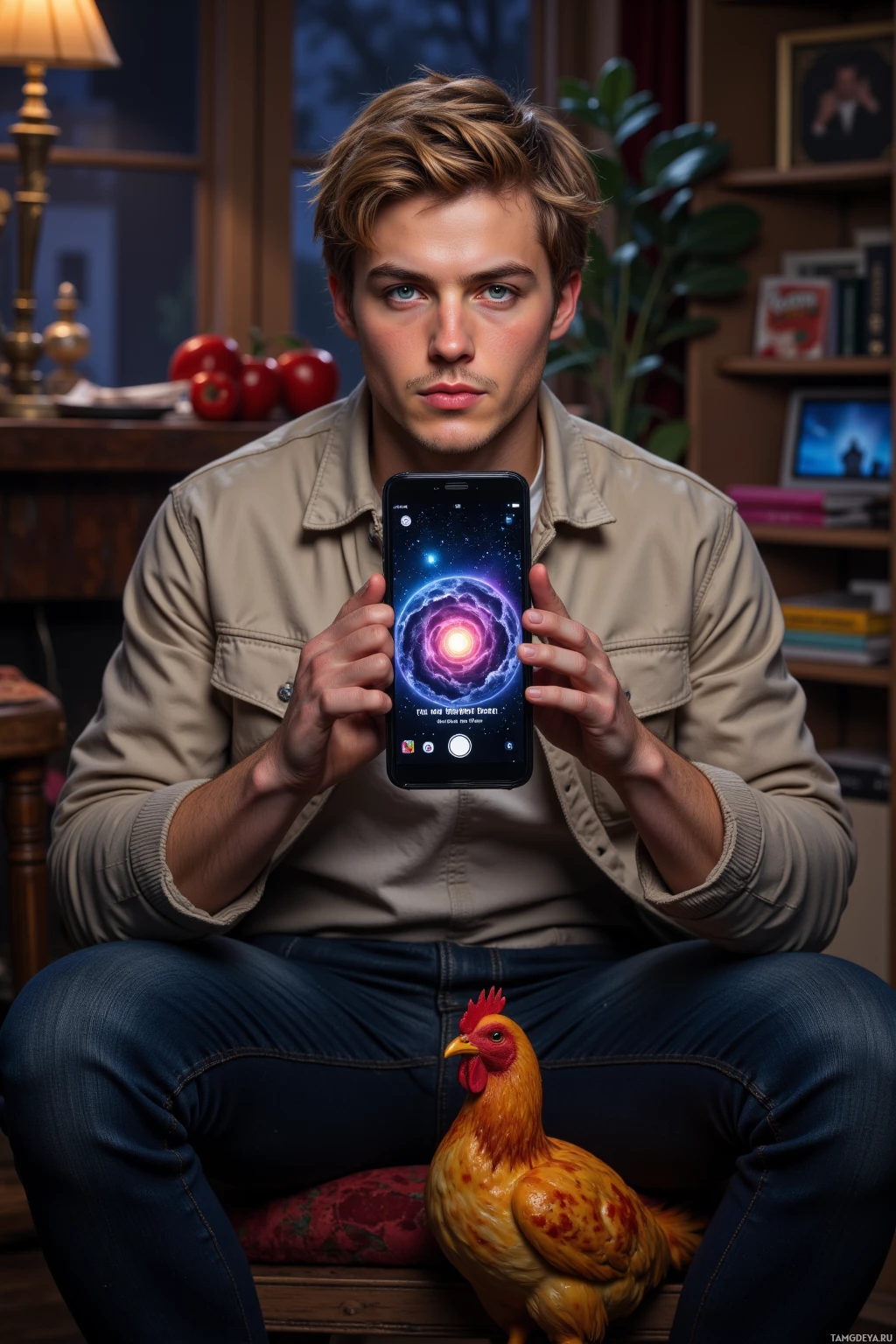 Realistic high quality photo. 24‑year‑old male with messy blonde hair, bright blue eyes, wearing a casual bomber jacket, sitting in a cluttered living‑room at night holding a smartphone showing an absurd meme about the universe as a giant TikTok algorithm, surrounded by a rubber chicken and a pizza slice in a chaotic comedic atmosphere.