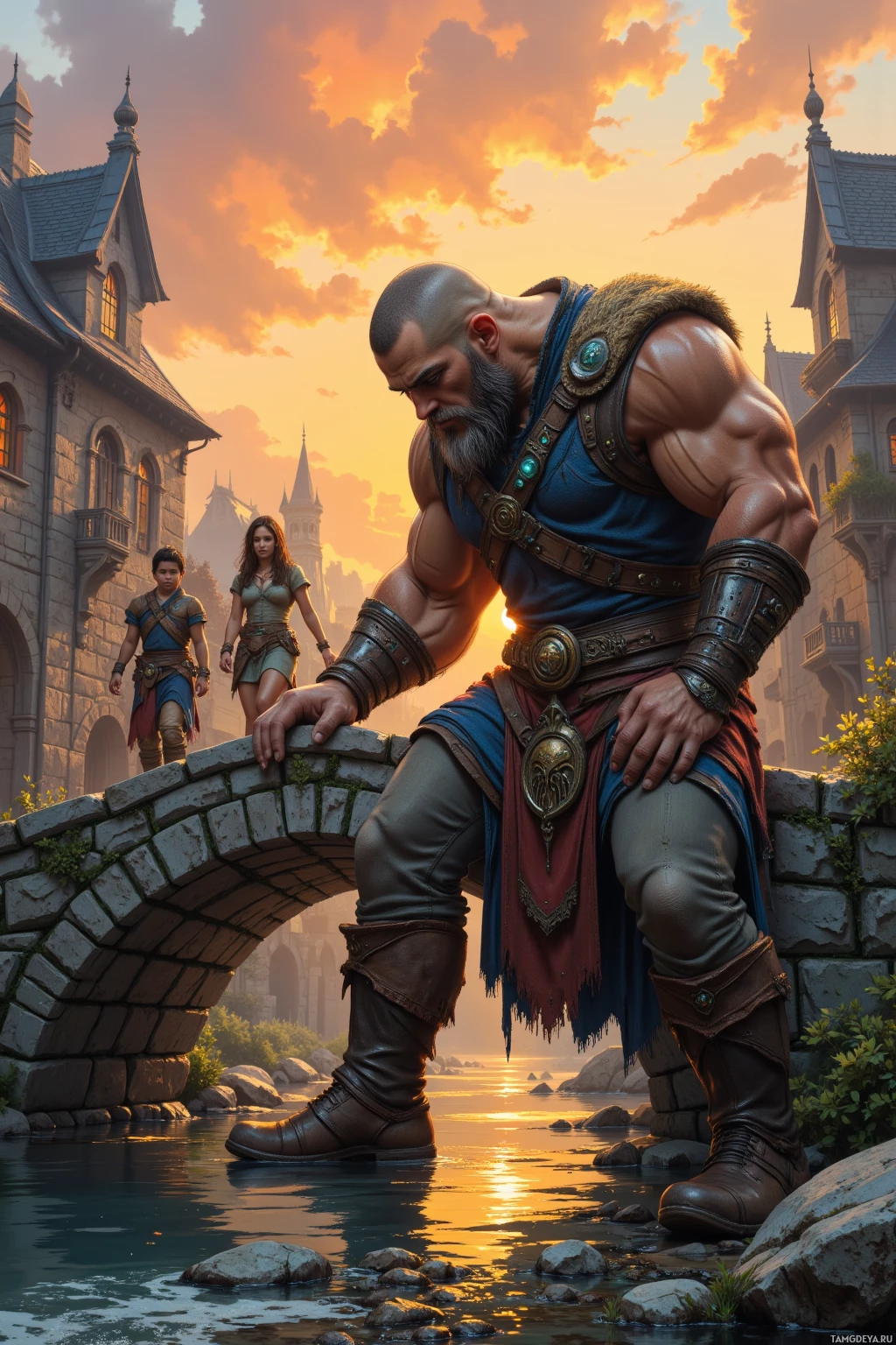 Realistic high quality photo. Large, muscular man with shaved head and blue‑green eyes, wearing rugged leather tunic, trousers and boots, gently repairing a weathered stone bridge over a river in a fantasy village at sunset, while children with bright smiles cross the bridge beneath the warm glow of the setting sun.