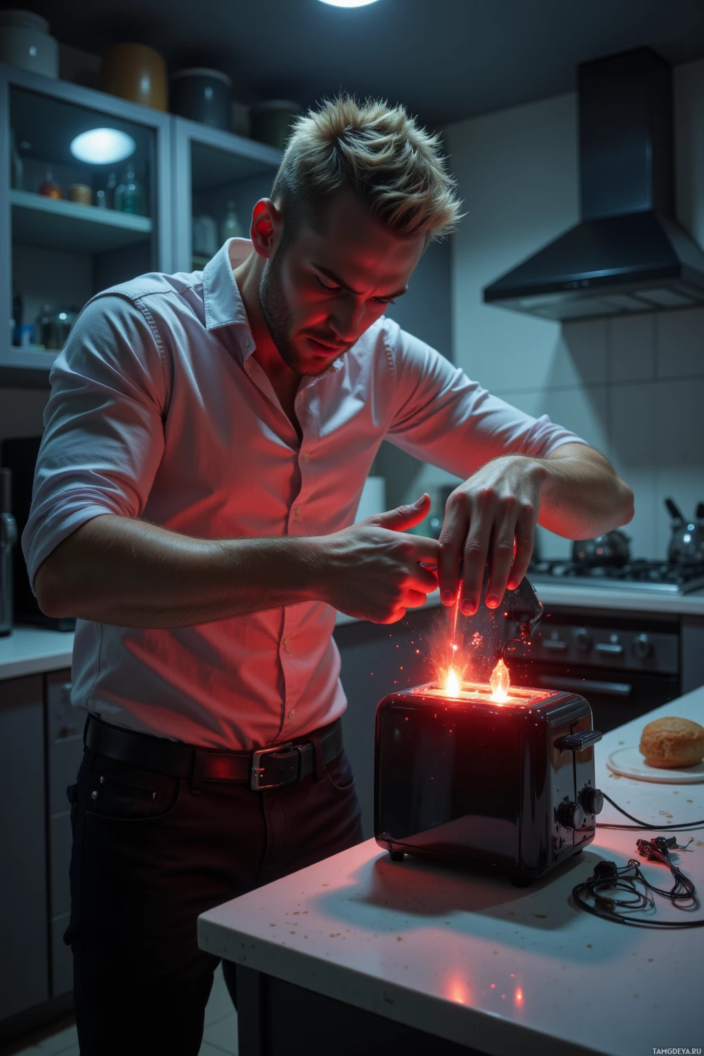 Realistic high quality photo. Man, 29, short spiky blonde hair, blue eyes, wearing a sleek pale‑toned shirt and black techwear pants, frantically disassembling a toaster with a flashing red warning LED in a dimly lit modern kitchen at night, surrounded by kitchen appliances and tangled cables, eyes wide with frustration and excitement.