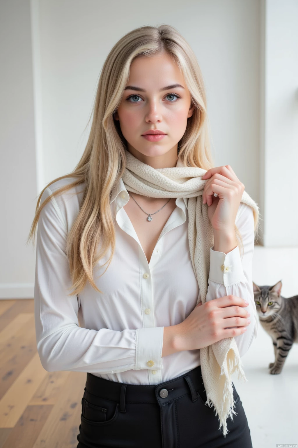 Realistic high quality photo. Stylish 28‑year‑old woman with long blonde hair, bright blue eyes, pale complexion, sharp features, wearing a monochrome white blouse and black pants with a silver necklace, holding a 3‑D scarf, confidently posed in a modern studio with plain walls and natural lighting, a curious cat watching her attentively.