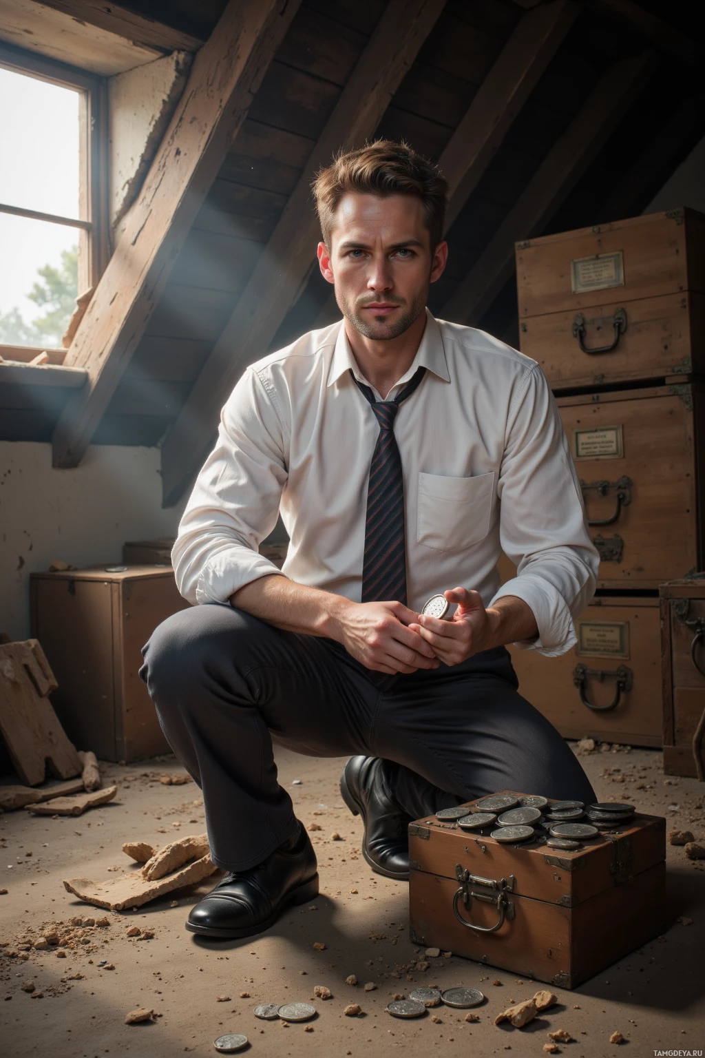 Realistic high quality photo. A 47‑year‑old man with light brown short hair, blue eyes, fair skin, wearing a crisp white shirt and slim tie, kneeling in a dusty attic filled with wooden boxes, carefully holding a silver drachma coin and adjusting its engraving, with late afternoon light filtering through a window, dust motes drifting.