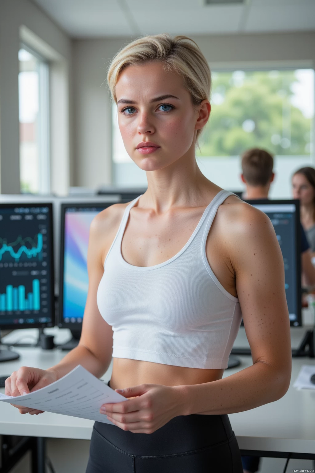 Realistic high quality photo. 28-year-old woman with short blonde hair, bright blue eyes, athletic build, wearing a fitted white tank top and high‑waisted black leggings, standing in a modern office with a large computer monitor displaying a blinking analytics dashboard, typing furiously with a checklist in hand, midday light streaming through the window, expression intense and focused yet with a hint of frustration.