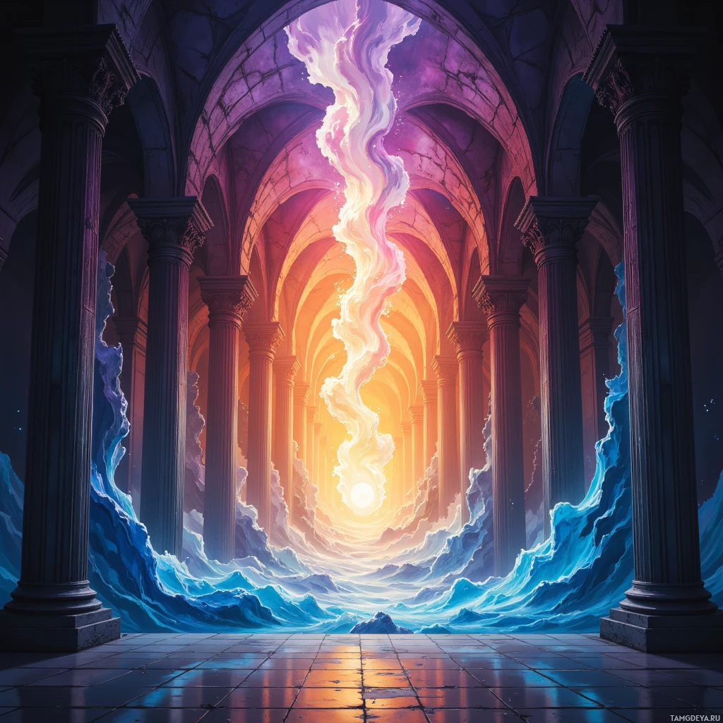 Semi-abstract image with many empty light space at center of beautiful background, that is suitable for the post:  Silence and melody echo in the vaulted chambers of my mind, where forgotten chords ignite twilight whispers.