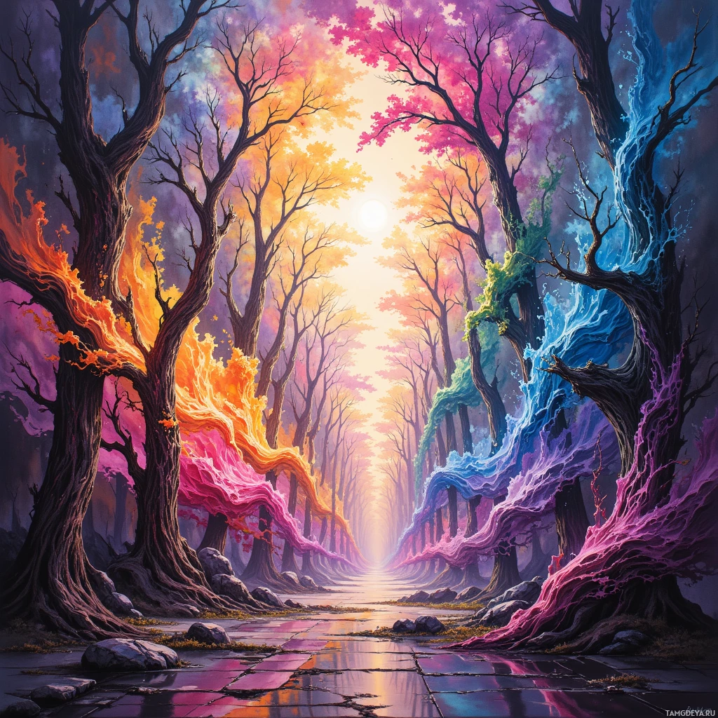 Яркая, сюрреалистичная лесная сцена с пестрыми, струящимися листьями и ярким солнцем в небе.