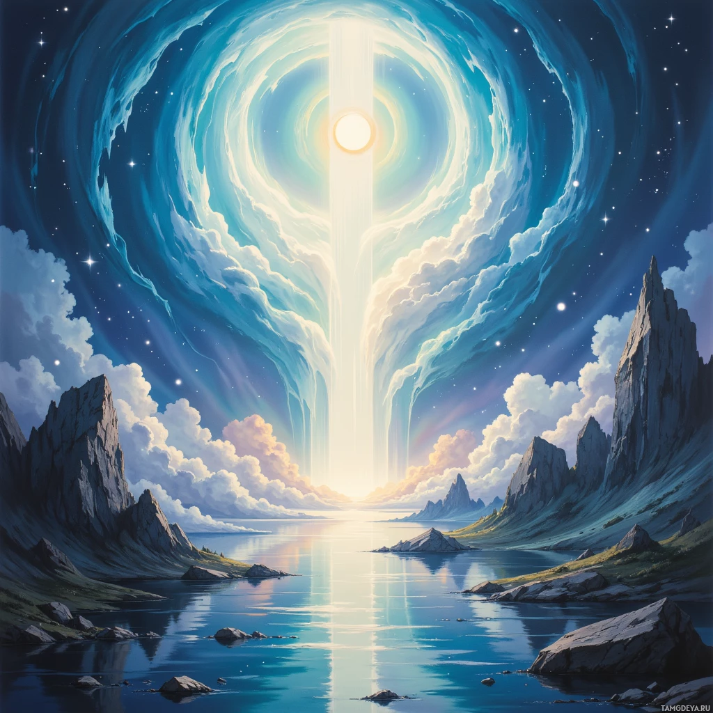 Semi-abstract image with many empty light space at center of beautiful background, that is suitable for the post:  Clouds whisper secrets to rivers, and I listen, translating their sighs into stardust.